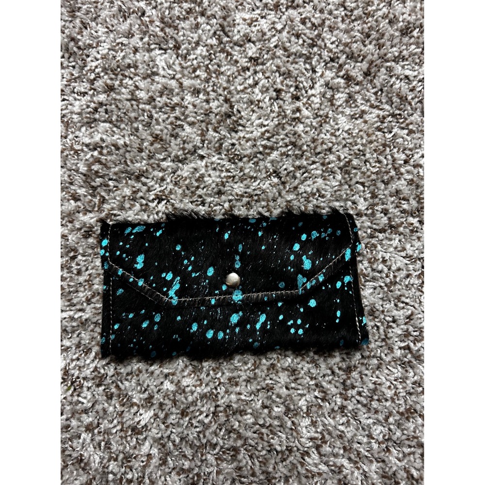 Black Cowhide Leather Wallet Turquoise Metallic Splatter Snap Envelope Clutch